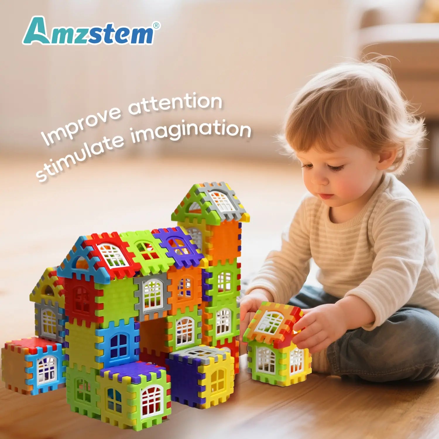 Una casa de construcción con grandes bloques de plástico entrelazables de amzstem, con un conjunto de piezas de plástico vibrantes aptas para niños en rojo, azul, verde, amarillo y morado.