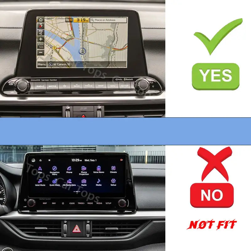 2019年から2021年のKia Forte K3用の電話マウント。シルバーの縁取りとボタンが付いた黒いインフォテインメント画面が映り、タッチスクリーンには地図が表示されている。