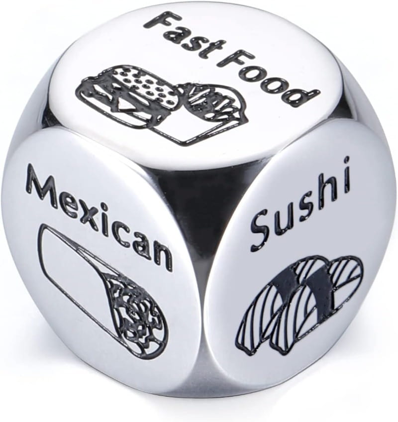 shiny silver stainless steel food decision die engraved with fast food mexican and sushi faces for couples date night use