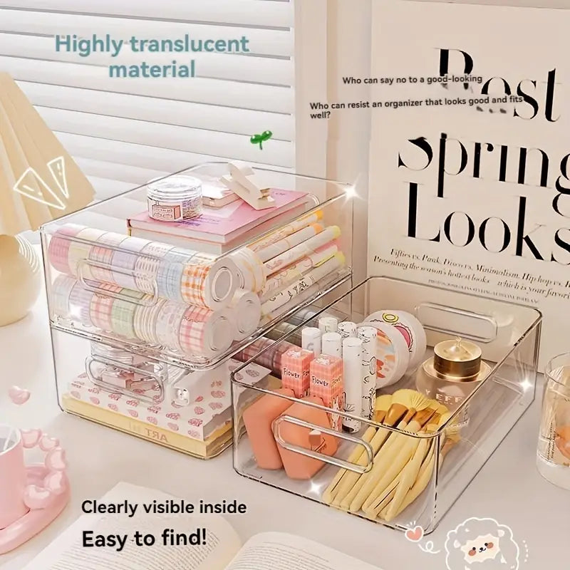 Organisateur de rangement en plastique empilable transparent, doté de tiroirs en plastique transparents à plusieurs niveaux avec des poignées, fabriqué dans la partie continentale de la Chine, en tant que produit réel, pour une organisation efficace.