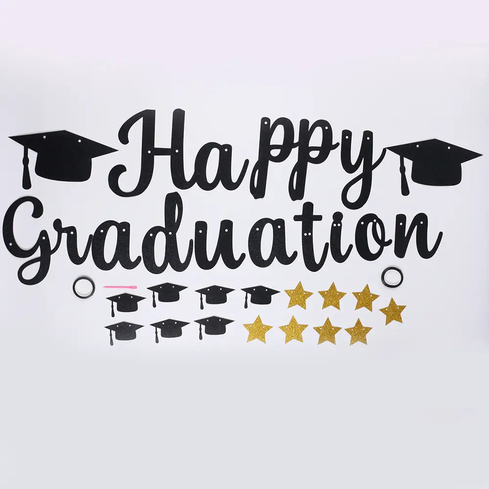 Black gold happy graduation banner featuring black and gold colors with graduation caps and stars for celebration decorations.