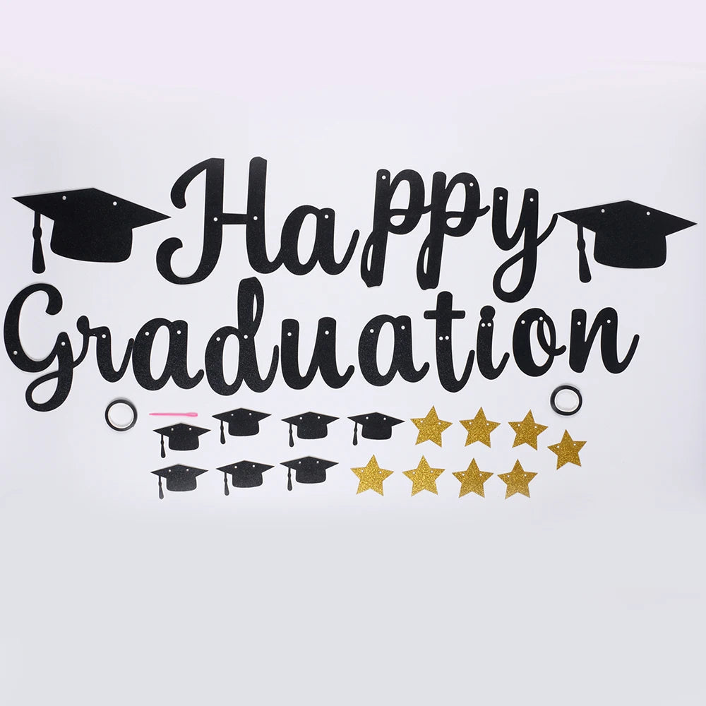 Happy Graduation Banner Black Gold Glitter with Grad Caps Decoration for Graduation Party Supplies