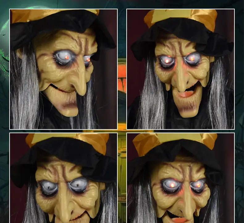 figurine animée de sorcière d’Halloween suspendue pour maison hantée, avec des yeux rouges lumineux, un visage ridé jaune-vert, un nez pointu, de longs cheveux gris, et un chapeau noir avec un ruban orange, parfaite pour des installations de jouets électriques hantés.