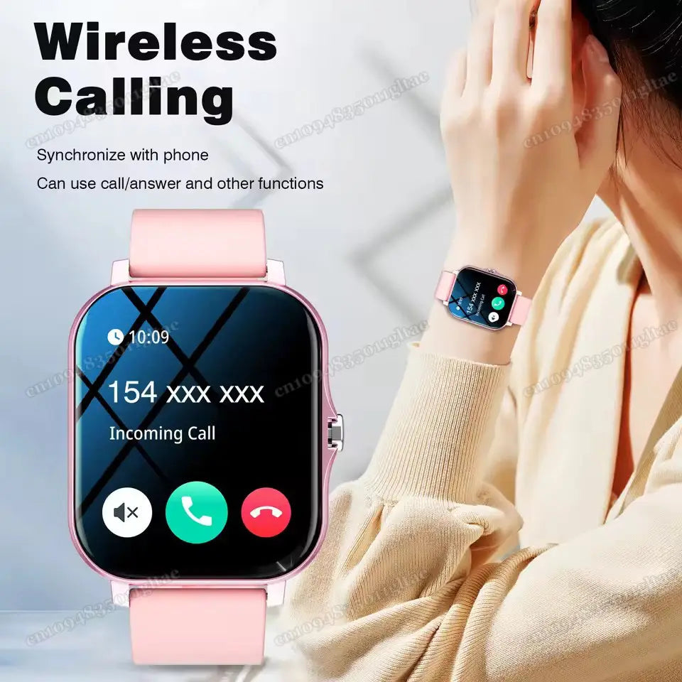 Reloj inteligente Bluetooth 2.01 HD para fitness con correa de silicona rosa y pantalla rectangular, que muestra una interfaz de llamada entrante.
