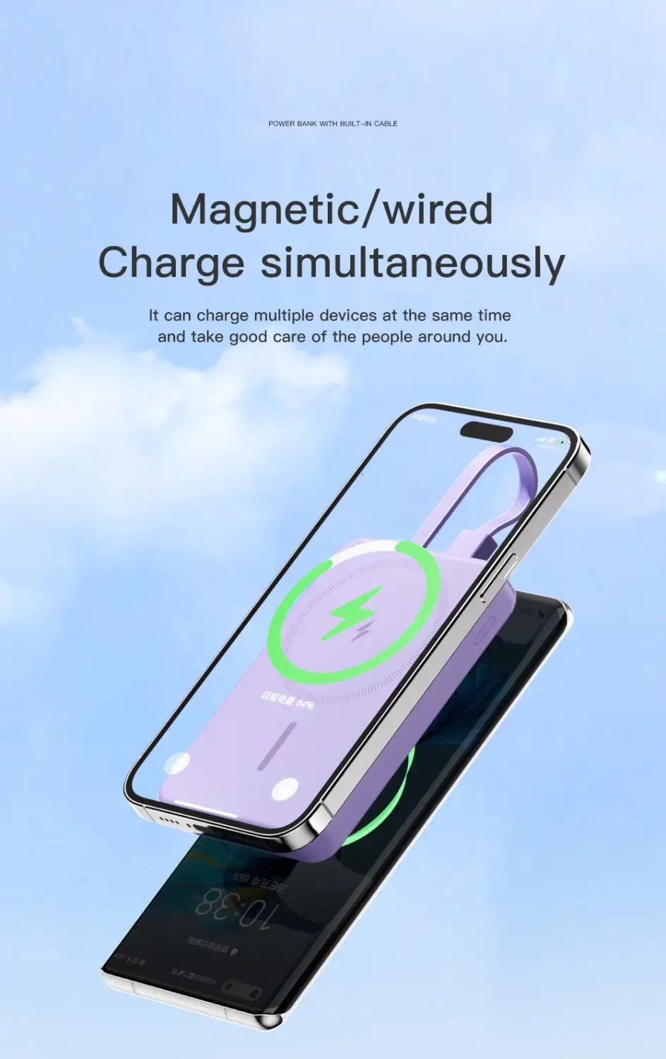 Purple magnetic power bank 10000mah 20w fast charging wireless charging pad with built-in cable supporting 5v=3a and 9v=2a output.
