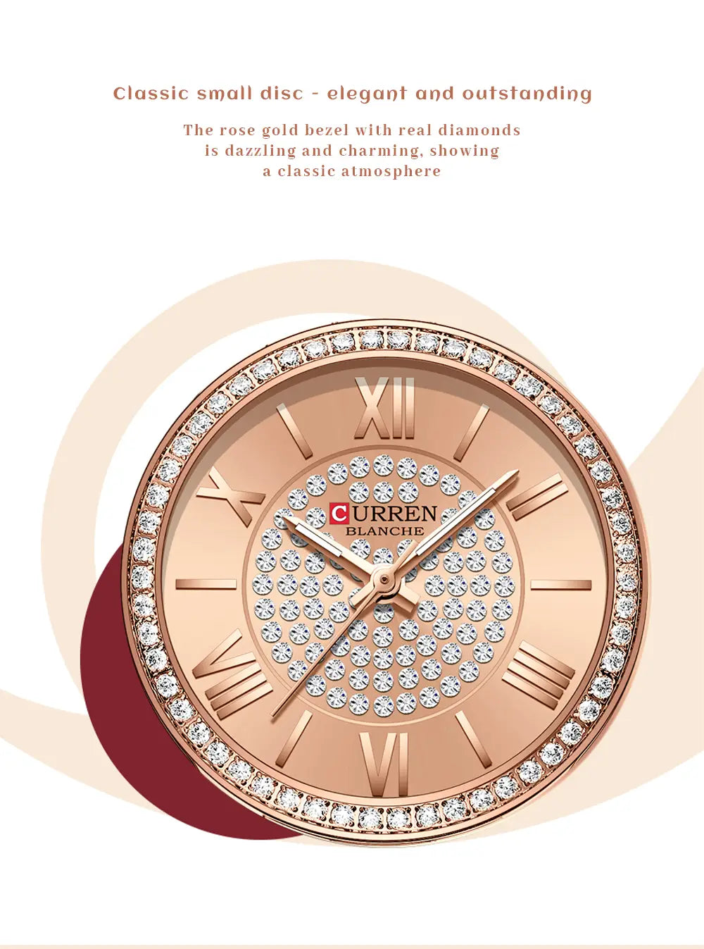 A rose gold Curren women stainless steel crystal quartz watch featuring a classic small disc design with roman numerals, an elegant bezel encrusted in real diamonds, and a sparkling diamond-studded face.