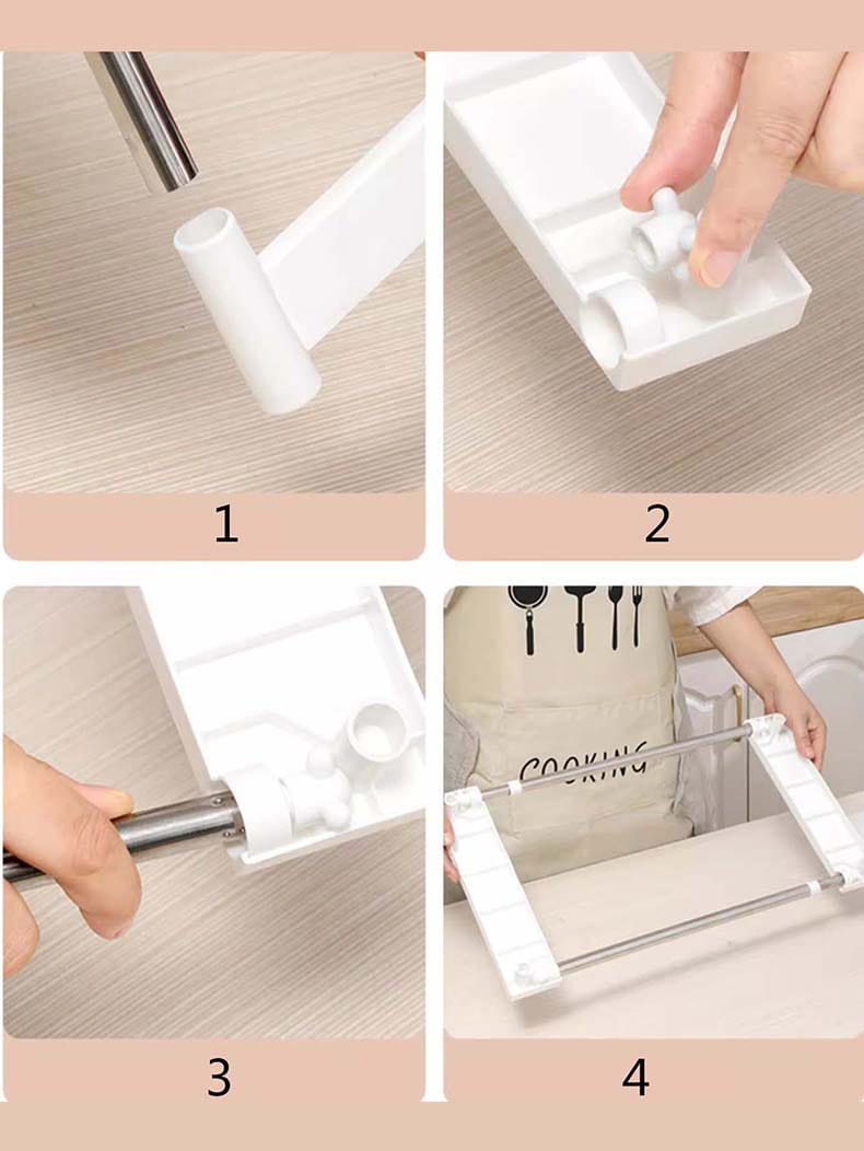 Étagère de séparation à couches réglable pour évier en plastique blanc et en acier inoxydable, télescopique, avec un design élégant et minimaliste pour l’organisation de la cuisine.
