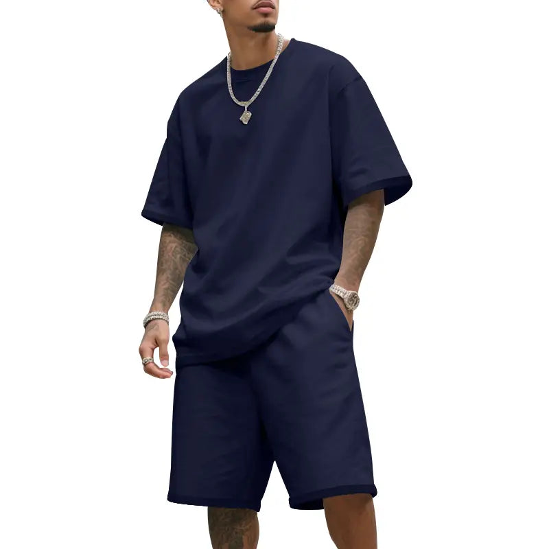Camiseta oversize de algodón azul marino para hombre con ajuste relajado y mangas cortas, de la ropa de verano casual para hombre de dos piezas, camiseta y conjunto de pantalones cortos.