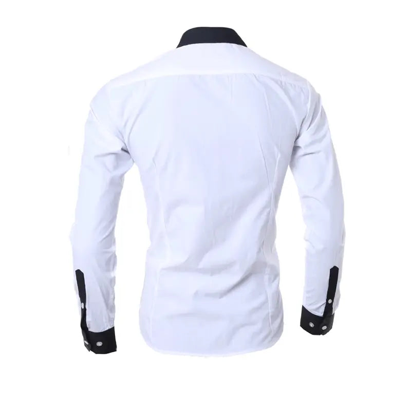 Men striped slim fit long sleeve casual shirt in white with black collar and cuffs featuring a classic button-down design.