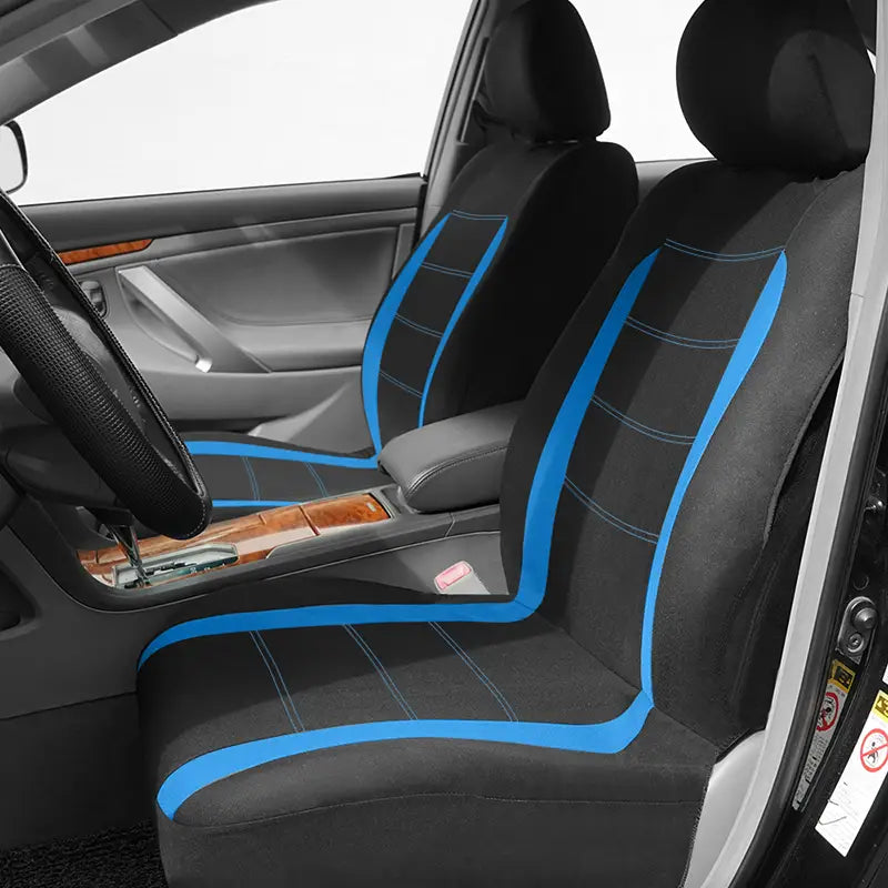 Juego completo de fundas universales para asiento de automóvil en negro, con ribete azul con costuras intensas, diseñado para una actualización interior cómoda y con estilo.