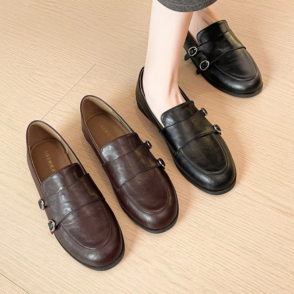 Shoes for Women Leather Flat Shoes Retro British Style Leather Casual Shoes Girl Fashion Slip-on Loafers