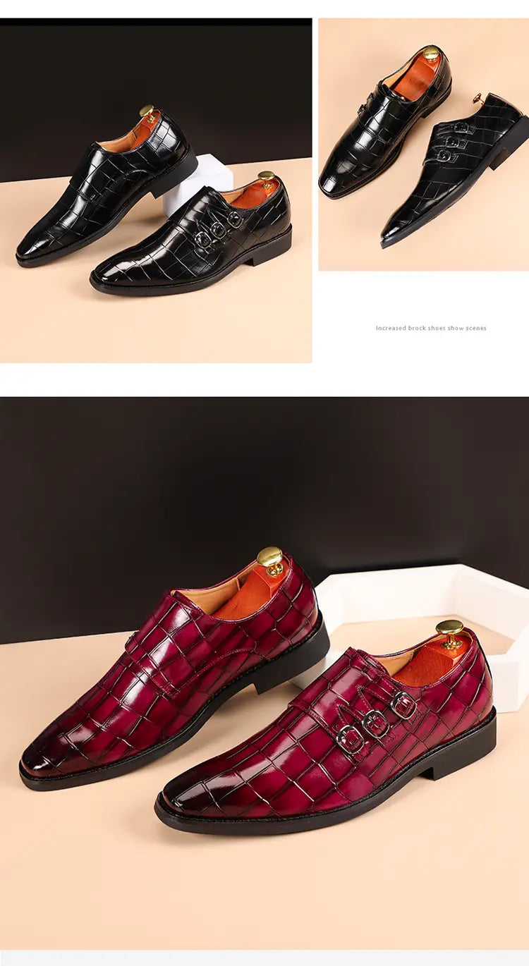 Herren-Mönchsriemen-Kleidschuhe aus Krokodil-narbigem Leder in Schwarz und Burgunderrot mit goldfarbenen Schnallendetails.