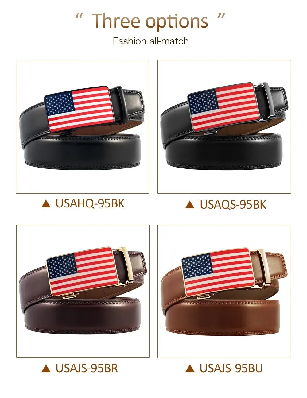 Ceintures en cuir noir et marron à boucle automatique, arborant des motifs de boucle du drapeau américain pour un style patriotique