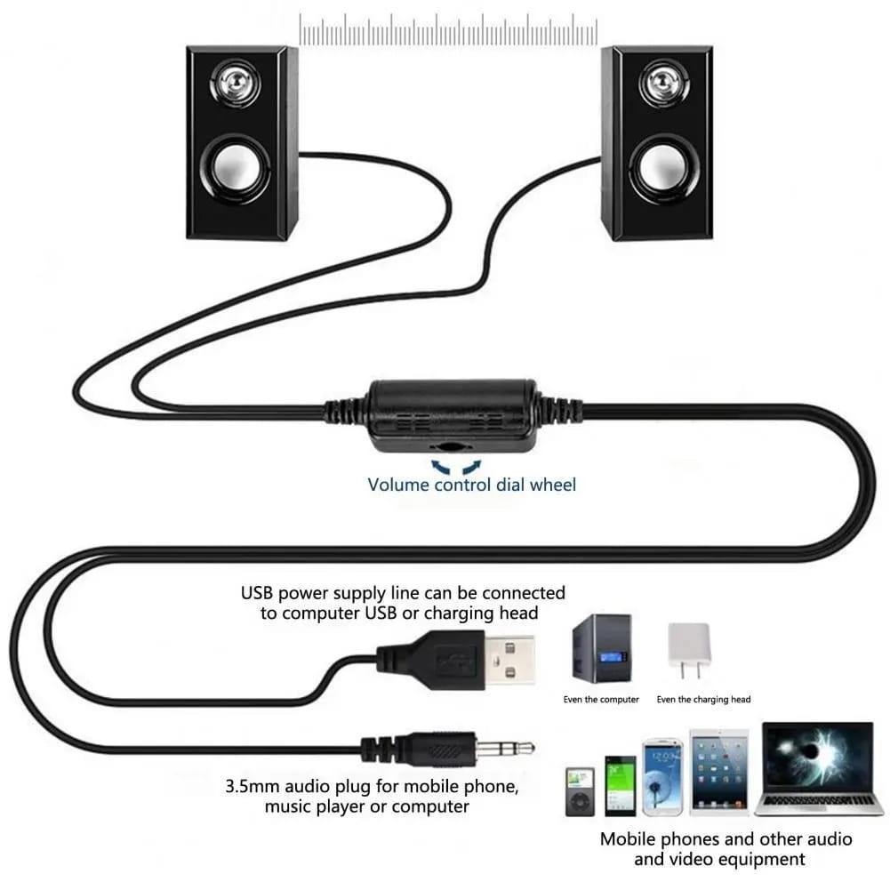 black audio cable with volume control dial wheel and usb power supply line connected to usb wooden computer speakers surround sound stereo for computer use or charging