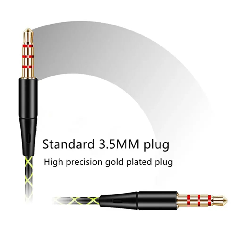 Black and gold 3.5mm headphone wired sports earphones with mic featuring a high precision gold plated plug with red stripes on the metallic tip for premium sound quality.