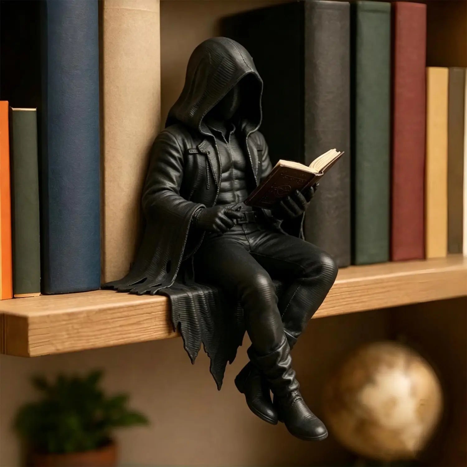 Schwarze, lederähnliche kapuzengetragene Gothic-Leserfigur, sitzend auf einem Bücherregal und ein offenes Buch lesend, als unheimliche Bücherregal-Statue.