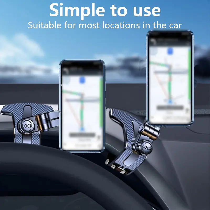 Support de téléphone pour voiture réglable pour tableau de bord, navigation, en noir et en fibre de carbone argentée, avec pinces réglables pour un maintien sûr sur le volant.