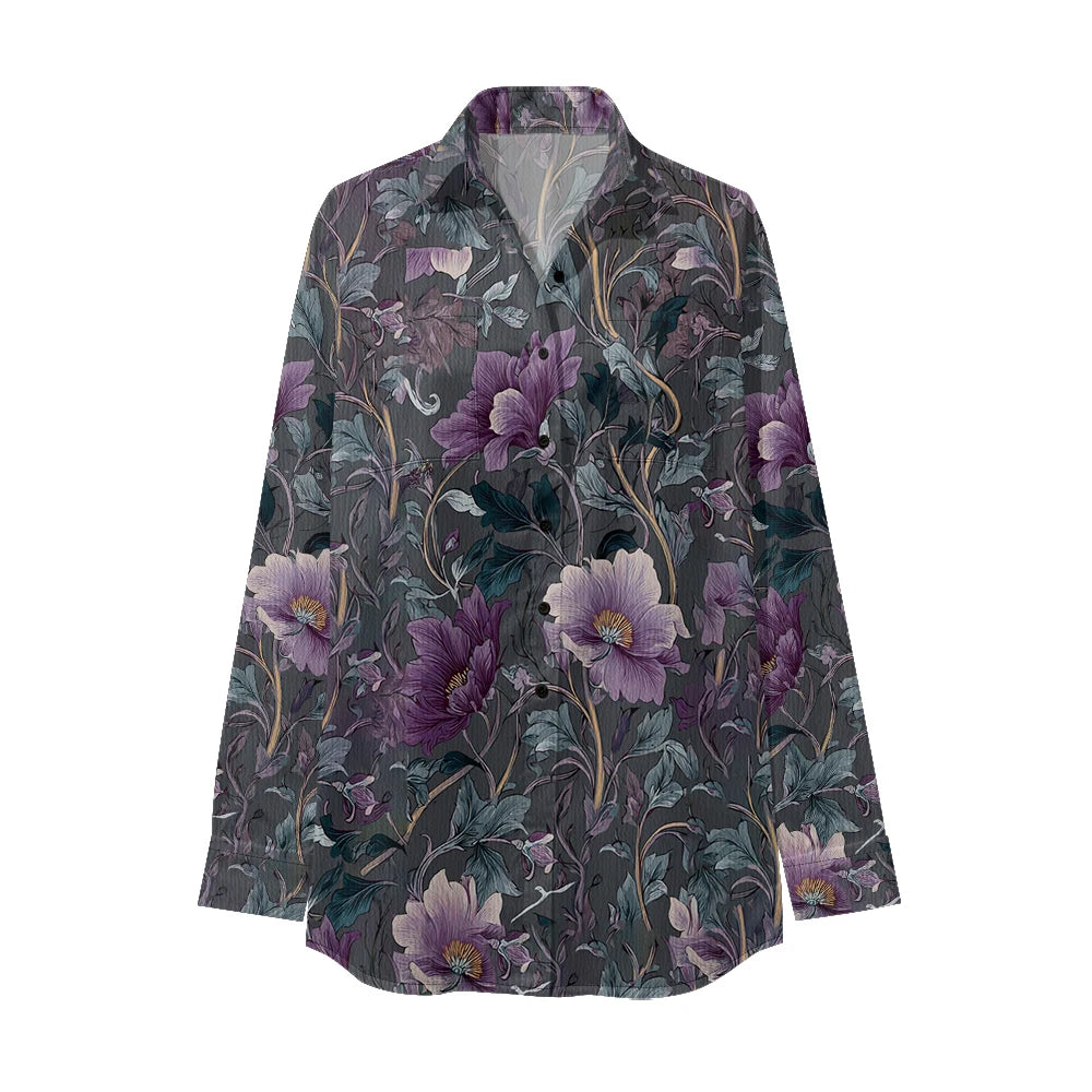 Chic Black Floral Printed Shirt for Women Minimalist Long Sleeve Button Up All-Over Black Blossom Print Two Pockets Relaxed Fit