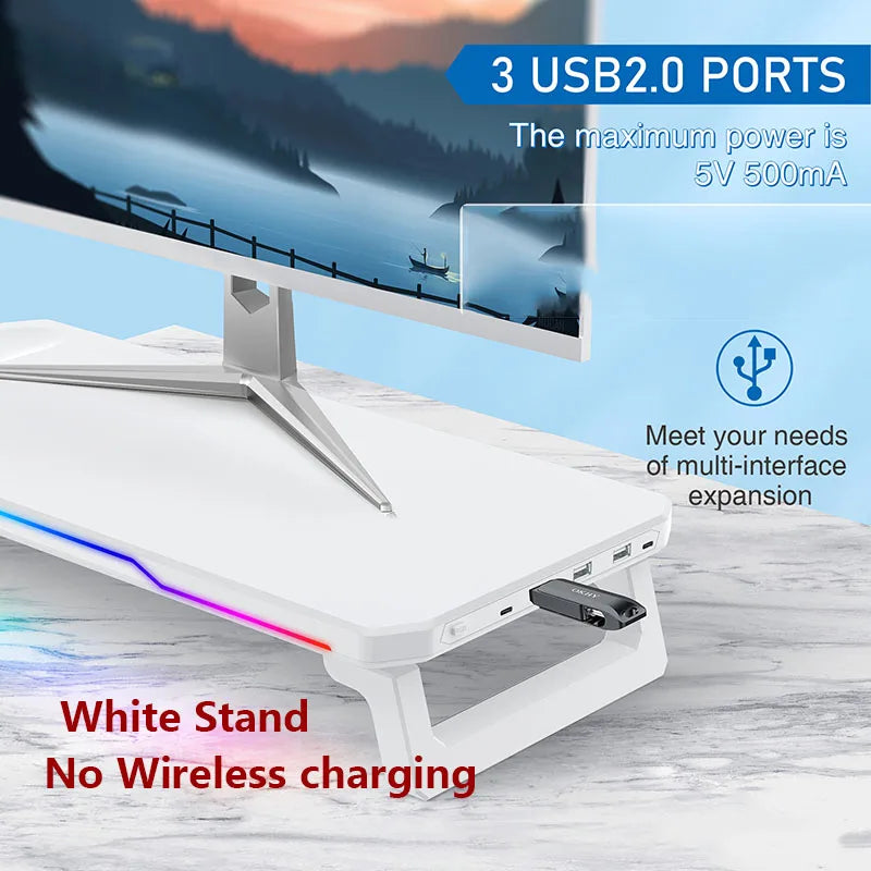 Wireless Charging Computer Stand with RGB Light Monitor Stand Office Docking Station Multifunctional Foldable Desktop Organizer