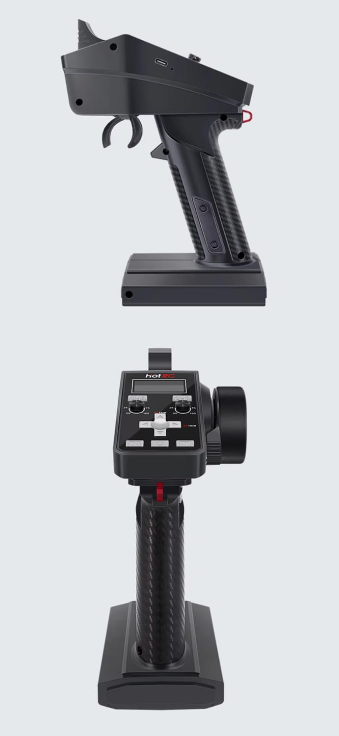 Control remoto negro ct-6a con empuñadura texturizada y pantalla digital, diseñado para uso en coche y barco.
