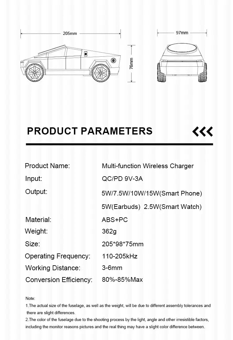 Cybertruck 3-in-1 wireless charging station with a sleek angular design resembling the Tesla Cybertruck in matte black for multi-device wireless charging.