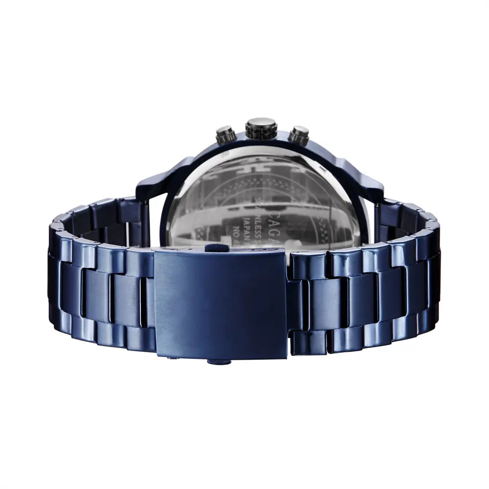 Marineblaues Chronographenmodell aus Edelstahl für Herren mit schlichter, polierter Gliederarmbandkette und drei Kronendrückern an der Seite aus der Kollektion Dual Time Luxury Steel Quartz.