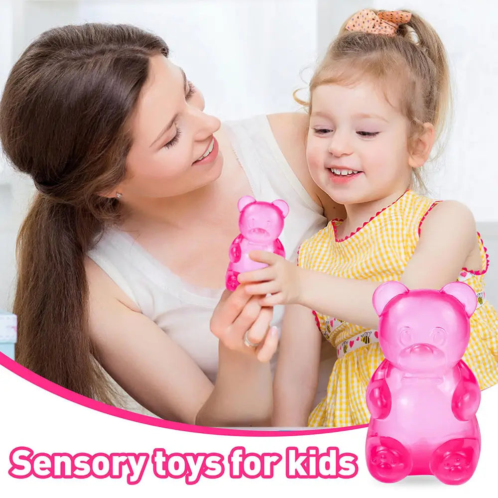 pink translucent gummy bear sensory fidget toy made of soft silicone for tactile stimulation and stress relief