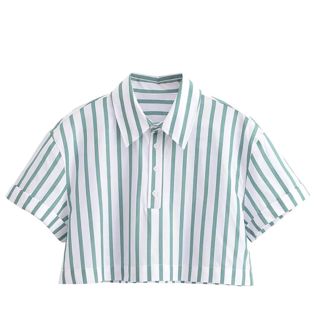 Women’s Striped Crop Shirt Short Sleeve Turn Down Collar Button Front Casual Summer Blouse Streetwear Top