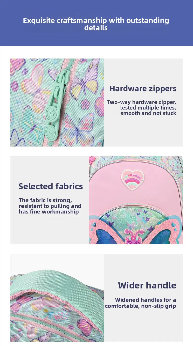Mädchen-Schmetterlings-Rucksack-Set für die Schule mit einem pastellrosa und mintgrünen Schmetterlingsmuster aus weichem Stoff, mit herzförmigem Logo-Patch und türkisfarbenen Reißverschlüssen.