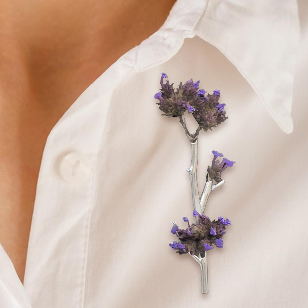 Silver tree branch brooch pin fashion corsage featuring a delicate silver-toned lavender sprig with intricate floral details and tiny purple blossoms.