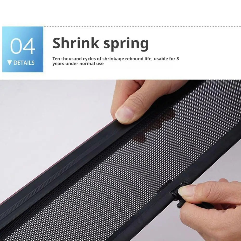 Retractable mesh car window sunshade uv protection showing black mesh screen with black plastic shrink spring mechanism.