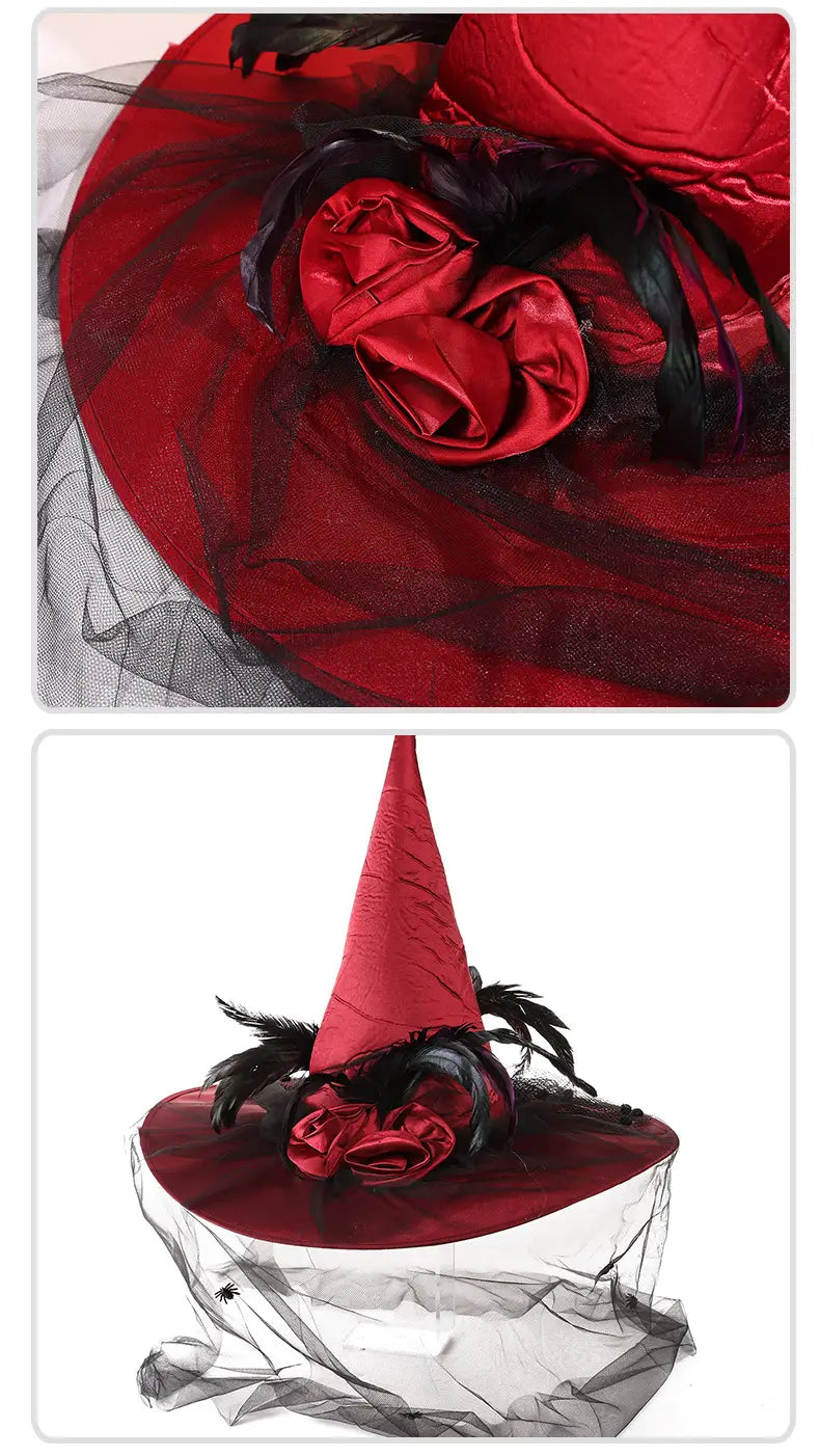 Chapeau de sorcière rouge avec une rose en satin et des plumes noires, garnissant la bordure en tulle, pour un accessoire de costume élégant.