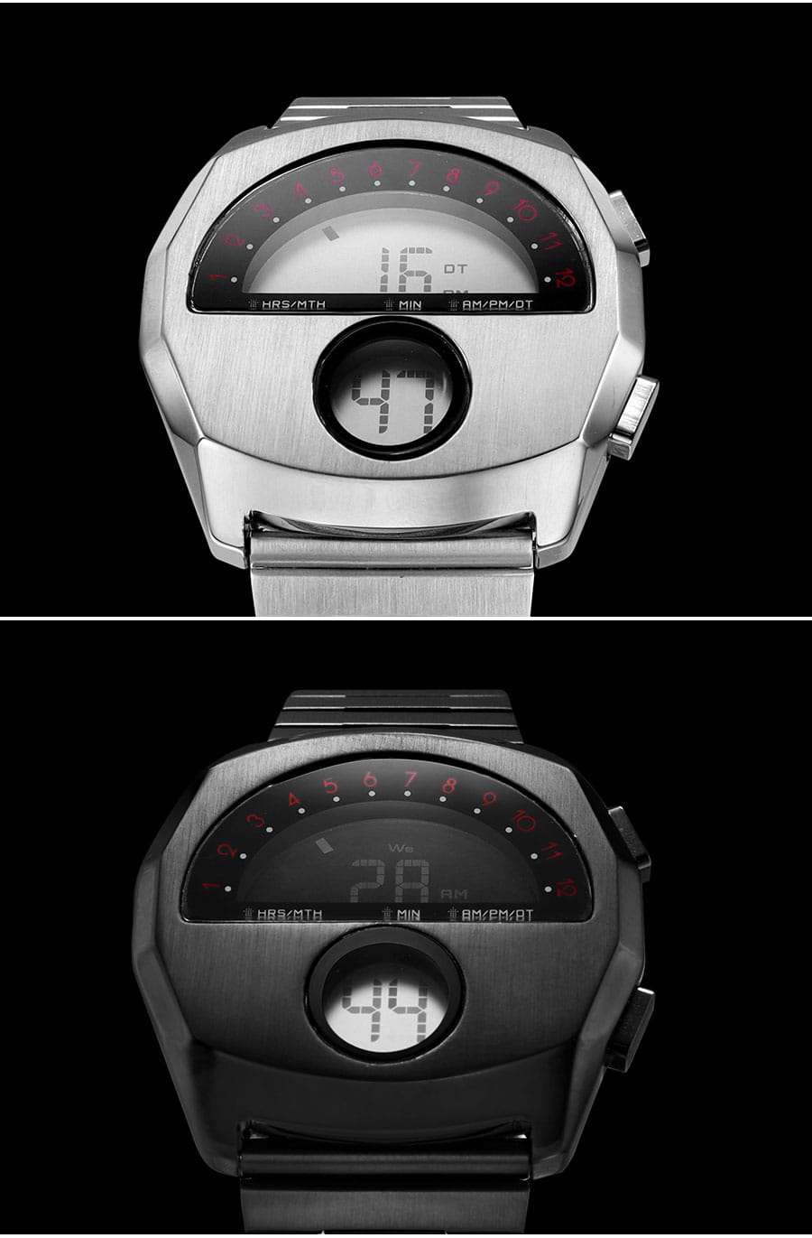 Megir men stainless steel digital watch with a silver and black brushed metal case and red illuminated dial markings on a circular display showing time and date.