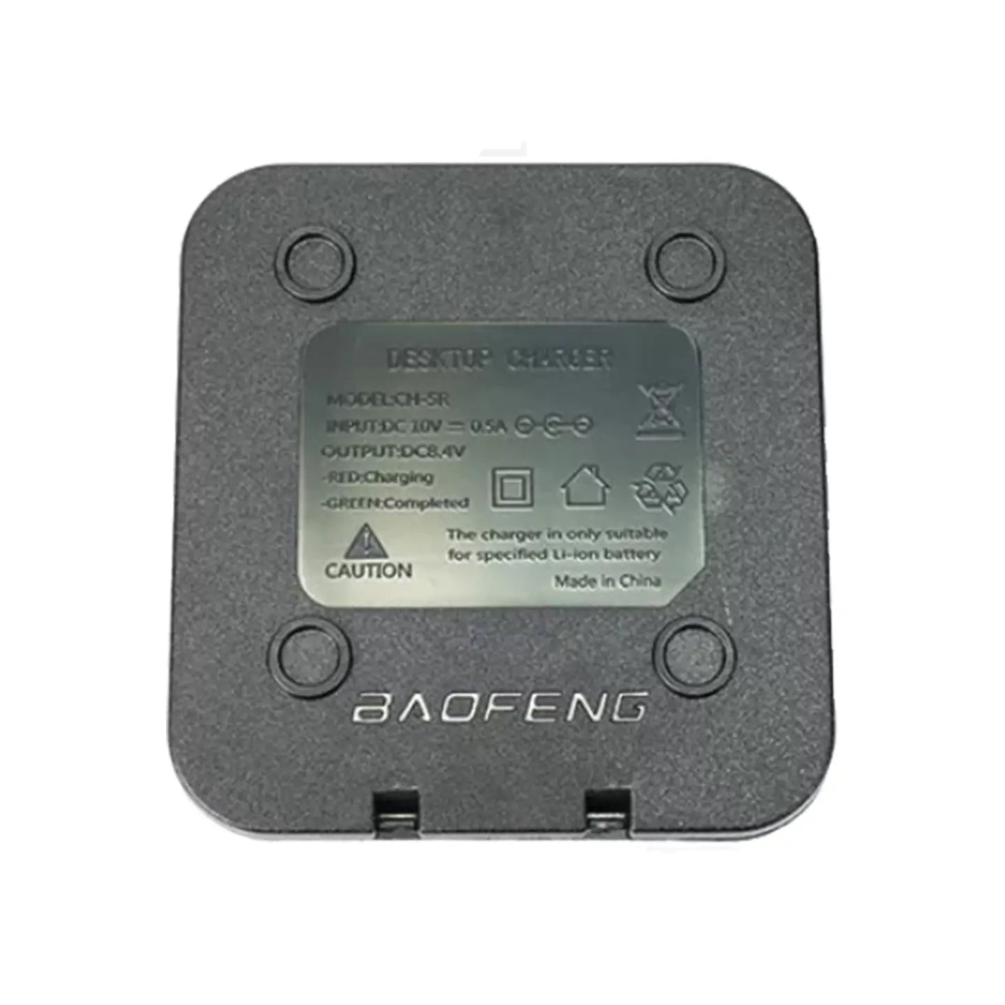 black textured uv5r li-ion charger for baofeng walkie talkie with a silver label displaying technical specifications and the baofeng brand name