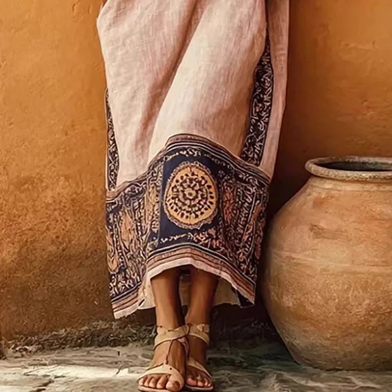 Ethnic Sexy Off Shoulder Hollow Out Long Dress Woman Spring Geometric Print Pocket Loose Maxi Dress Summer Casual Vacation Dress