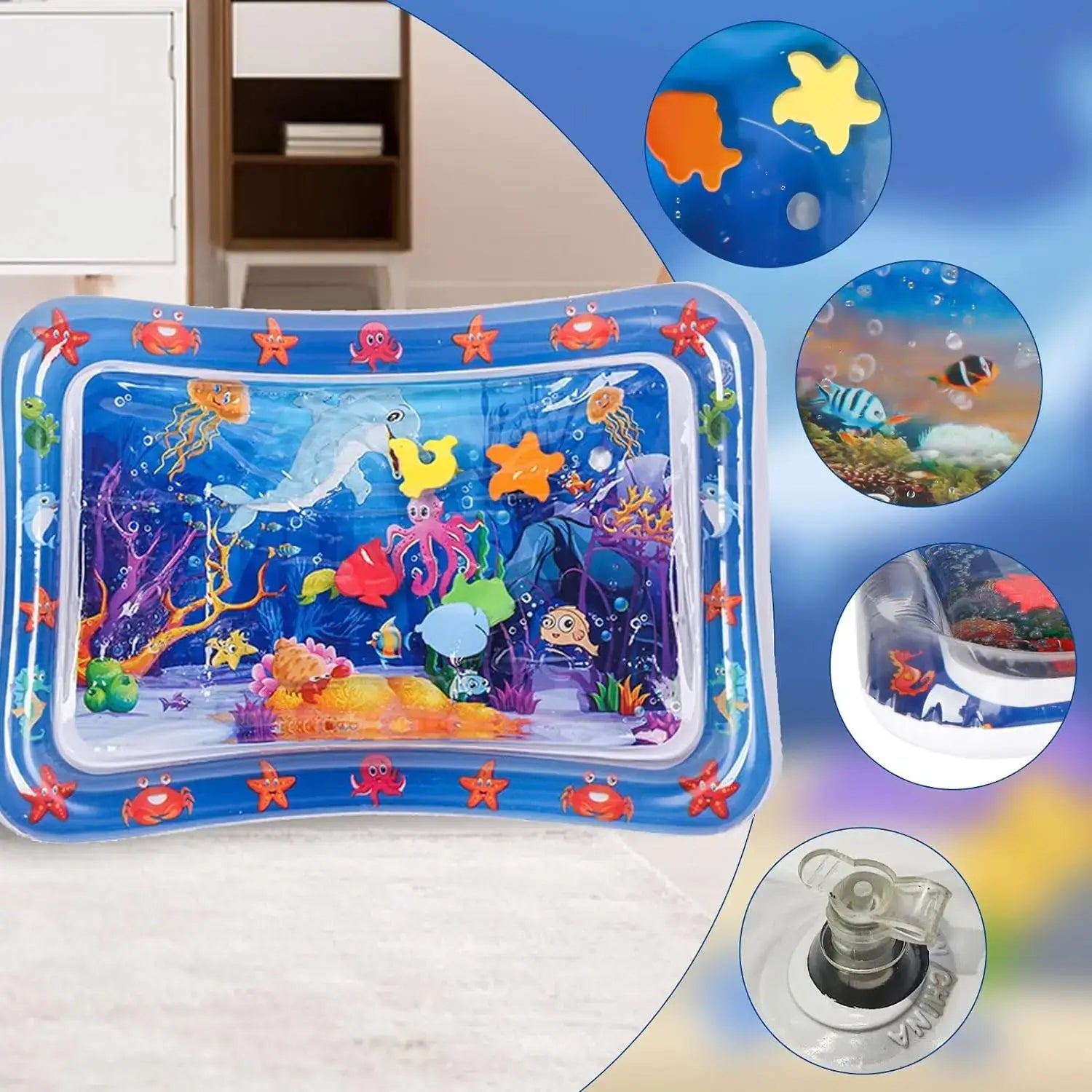 Inflatable water mat ocean theme pet play mat with colorful sea creatures and coral designs featuring a transparent blue border for interactive water play.
