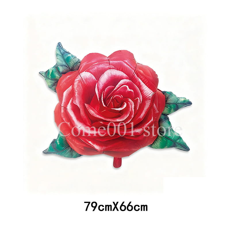 A vibrant red rose foil balloon with detailed green leaves made of shiny metallic foil for party decorations.