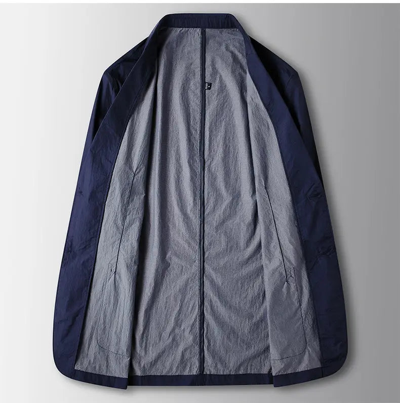 Herren-Freizeit-Polyester-Blazer-Anzug mit einer zweifarbigen Marineblau-Grau-Jacke in leichter Ausführung und einer dezent strukturierten Innenfutterausstattung, ideal für Blazer-Anzugjacken für den Herren-Hombre-Look.