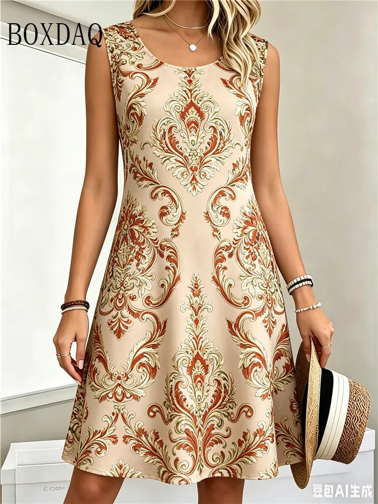 Ethnic Style Pattern Vintage Women's Dresses For 2026 New Summer Clothing Loose Plus Size Casual 3D Print Loose Sleeveless Dress