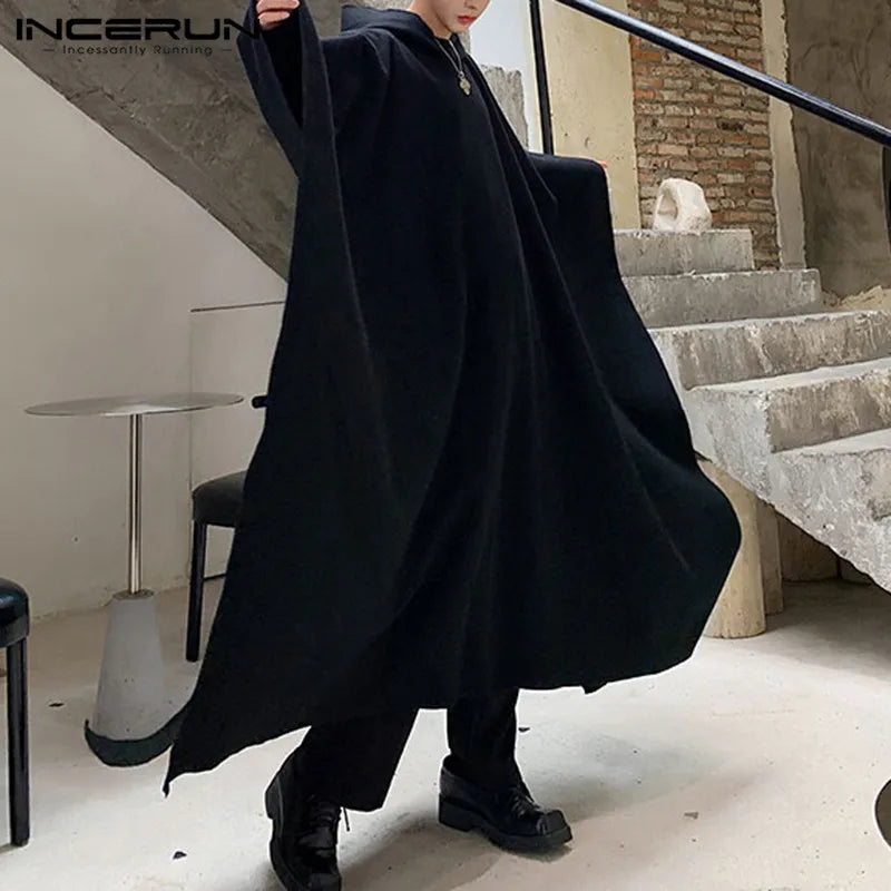 INCERUN Fashion Men Cloak Coats Solid Color Loose Hooded Streetwear 2025 Men Long Style Trench Windproof Winter Cape Jackets Men