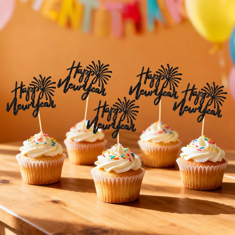 YOMDID 24Pcs Happy new year Cupcake Toppers Glitter New Year Cake Toppers New Year Party Design for Christmas Cupcake Picks