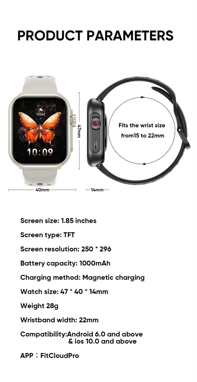 AMOLED-Bluetooth-Smartwatch-Fitness-Tracker in hellem Grau mit einem 1,85-Zoll-TFT-Display, das einen orangefarbenen Schmetterling und die Uhrzeit zeigt; mit magnetischem Laden sowie Kompatibilität mit Android 6.0+ und iOS 10.0+.