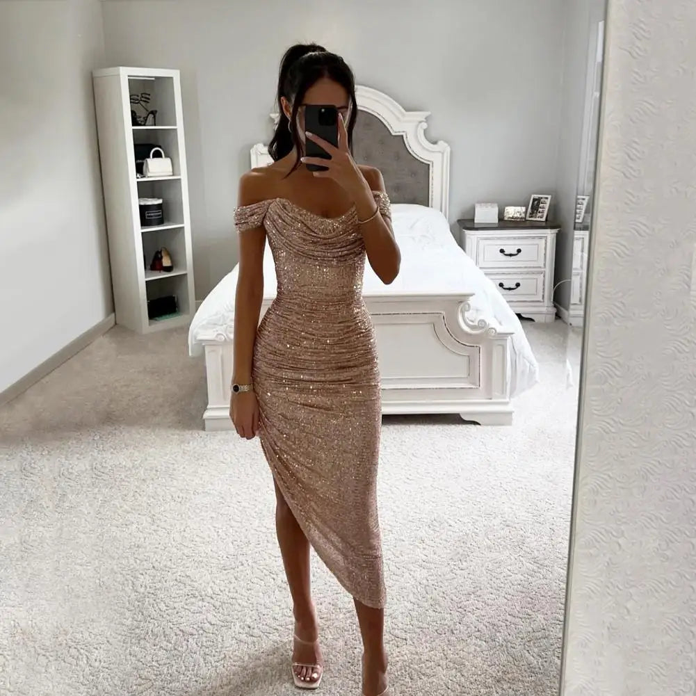 Women Christmas Party Dress Sequined Irregular Hem Evening Dress Low-cut Prom Wedding Party Formal Slit Hem Ladies Midi Dress