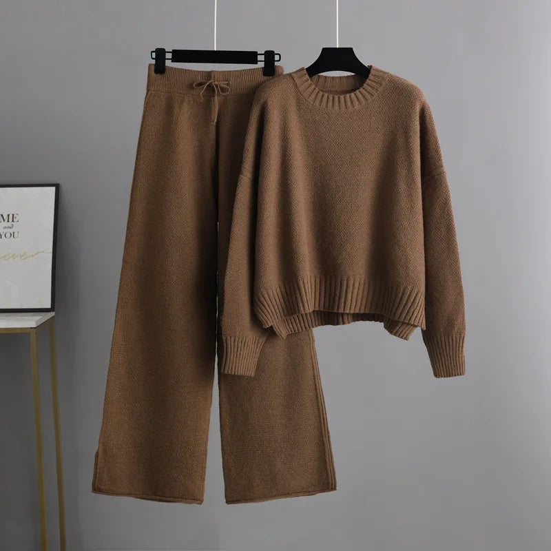 Winter Thick Knitted 2 Piece Sets Women Half Turtleneck Knitwears Sweater Loose Pullover Tops High Waist Wide-leg Pants Outfit