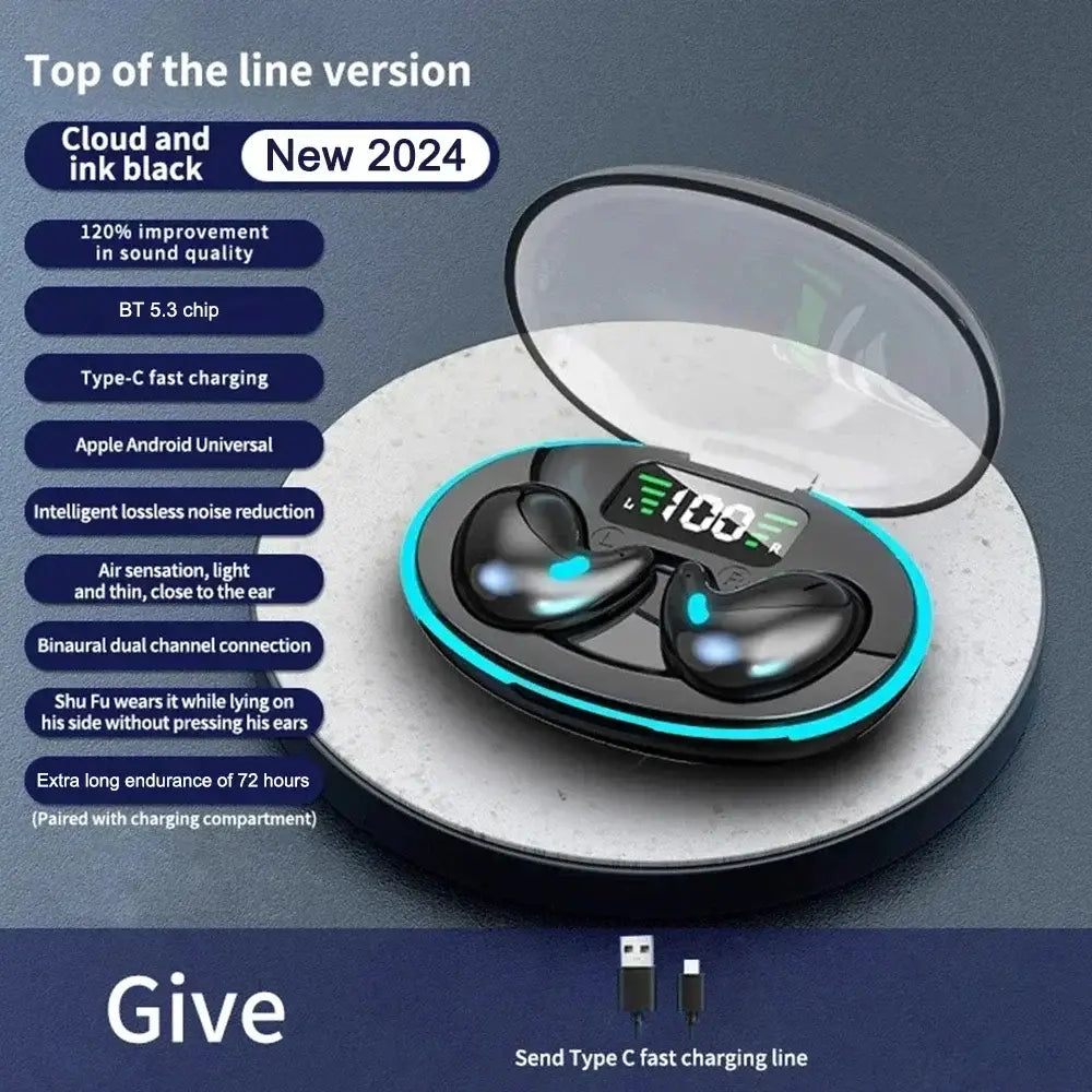 Cloud and ink black wireless sleeping earbuds with sleek glossy finish and glowing teal accents on the charging case featuring Bluetooth 5.3 mini headphones.