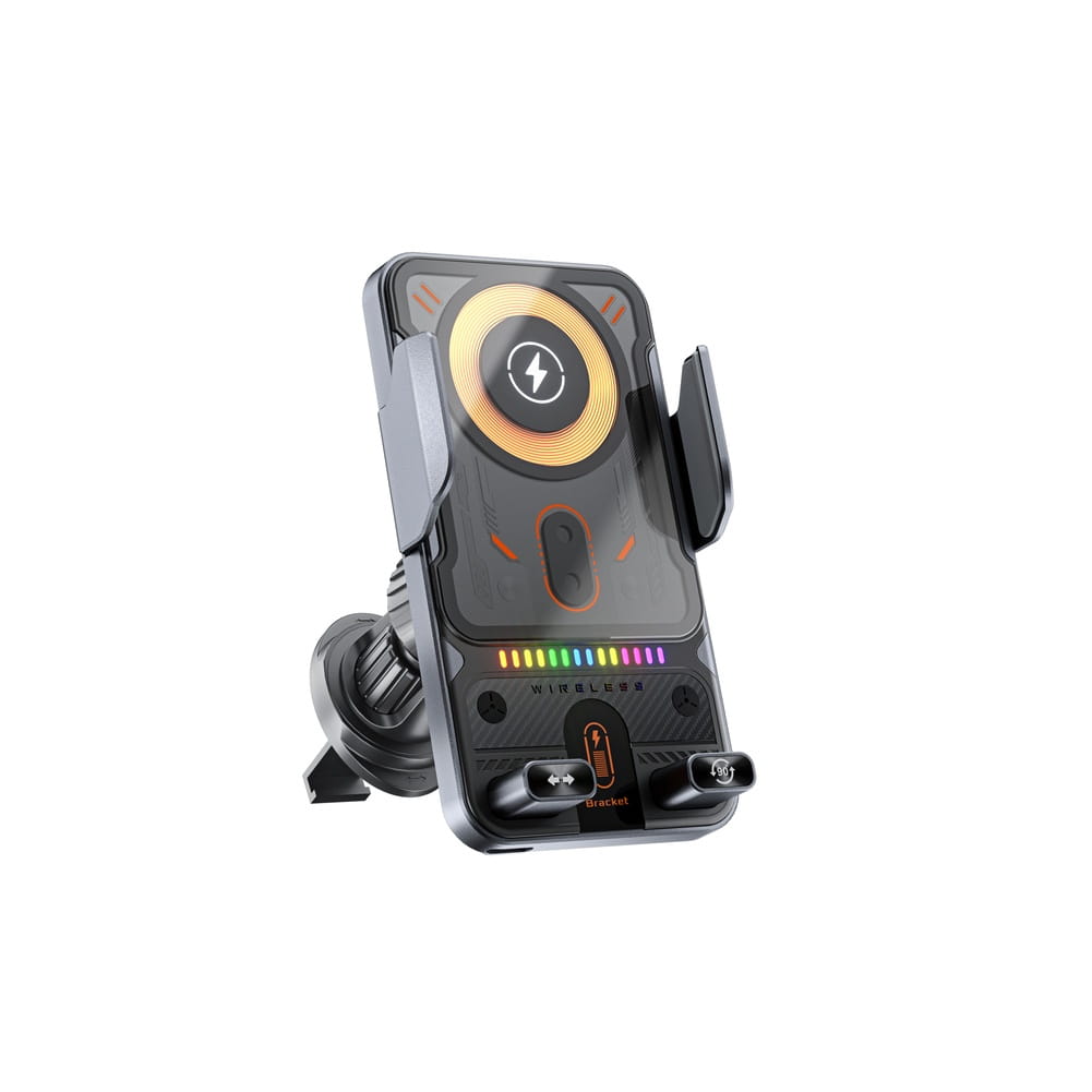 Schnelles 15-W-Wireless-KFZ-Ladegerät in Schwarz mit einem kreisförmigen orangefarbenen Ladepad, Regenbogen-LED-Anzeigeleuchten und einer Kfz-Halterung mit Klemme für automatisches Klemmen und sicheres Laden des Telefons im Fahrzeug.