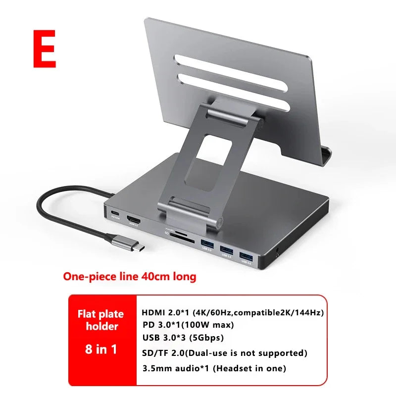 USB C Docking Station Aluminum Alloy Docking Station Laptop Stand HDMI-Compatible Multiple Ports Hub PD USB3.0 Gigabit Ethernet