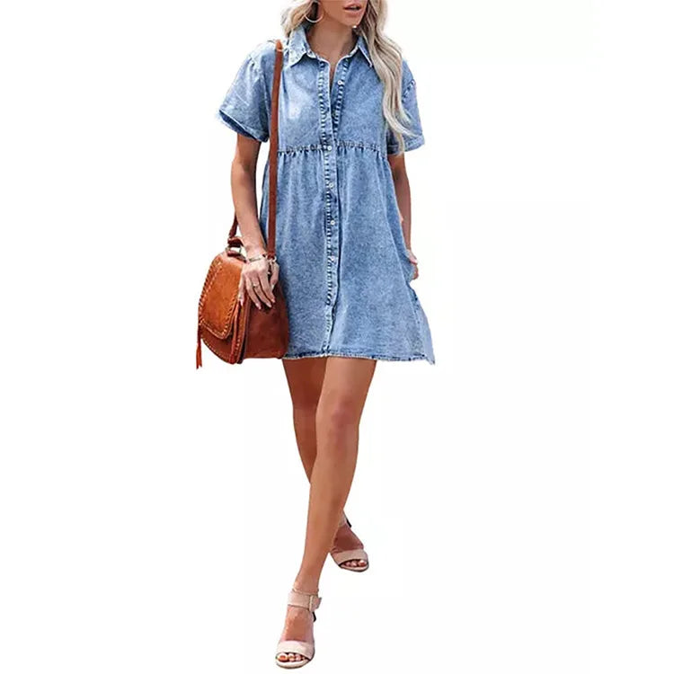 Women Denim Shirt Dresses Short Sleeve Turn Down Collar Jean Dress Single-breasted Casual Top Loose Ruffled Edge Women Dresses