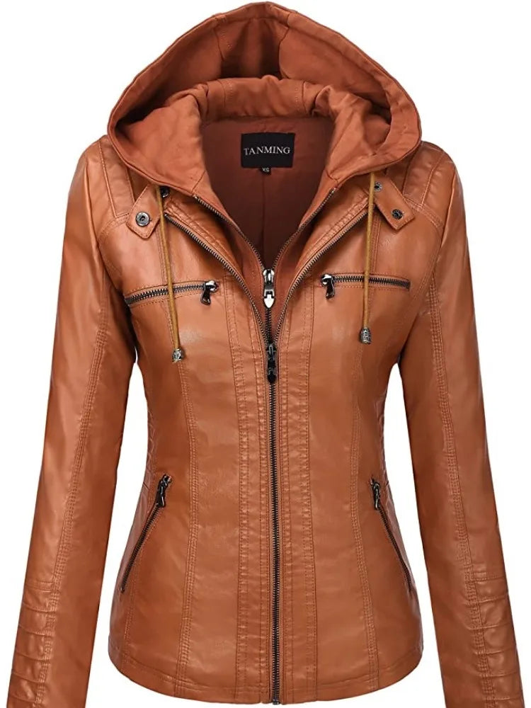 Hooded Leather Jacket Two-Piece Set Removable Large Size Leather Jacket for Women Spring Fall Outwear Women Pu Washed Leather