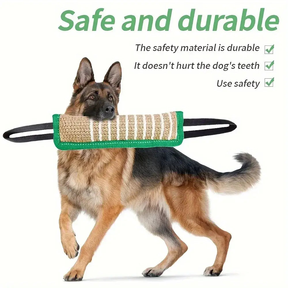 Jouet à mâcher durable en jute pour chien, motif tissé vert et beige avec poignées noires, présenté de face